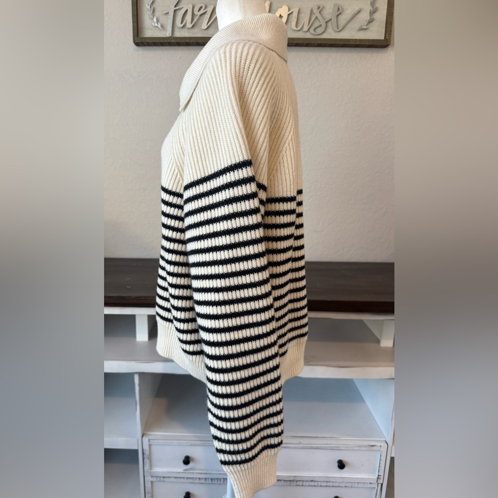 Tory Burch Striped 100% Wool Open Collar Sweater Collared Women's Size L - Picture 6 of 10